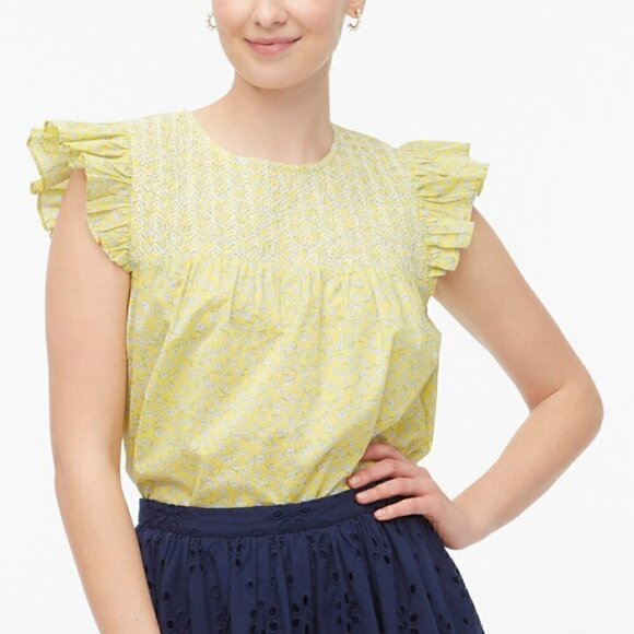 J. Crew Yellow Floral Embroidered Flutter Sleeve Top Blouse - Picture 9 of 9